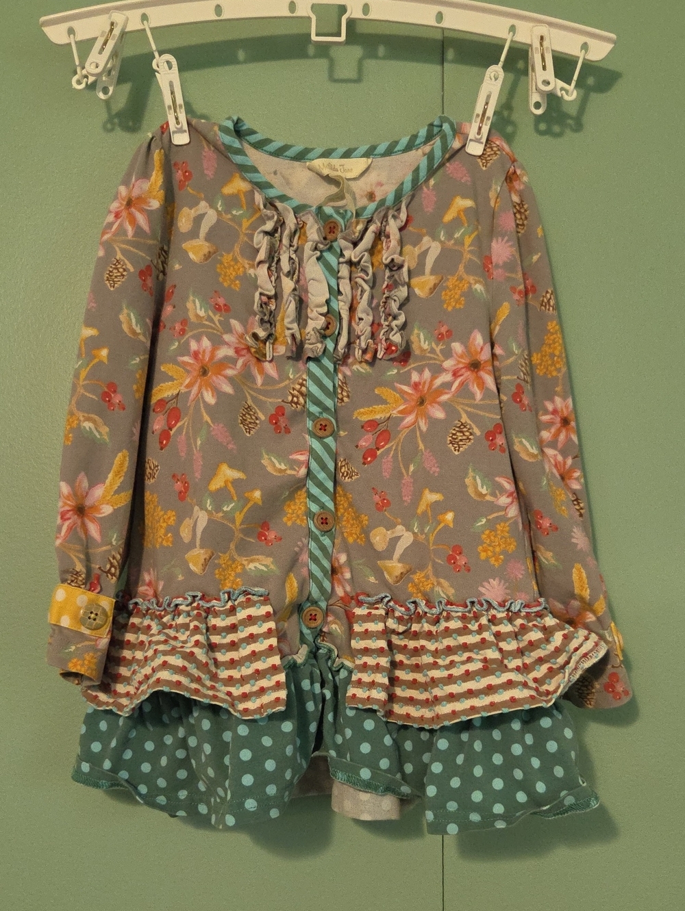 Matilda Jane Girls' Floral Ruffle Dress Shirt Green And Gray
